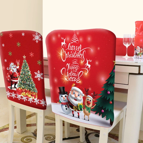 Christmas Halloween Chair Back Covers Polyester Stretchy Dining Room Decor Santa Snowman Pumpkin Ghost Cartoon Festive Print