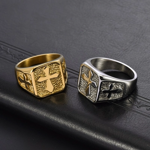 Anello Sigillo Da Uomo Con Croce Acciaio Al Titanio Quadrato Goffrato Religioso Stile Punk Retro Gioielli