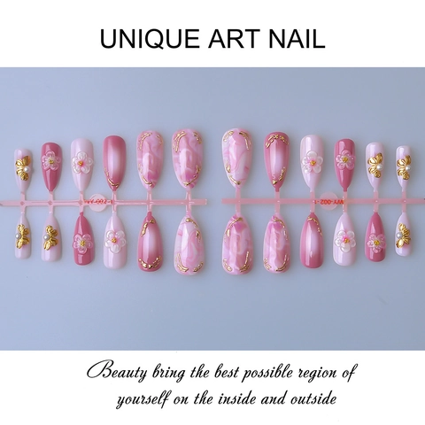 Faux Ongles Amande Press On Nails 3D Fleur Relief Feuille Or Marbre Rose Dégradé Style Français Artificiel