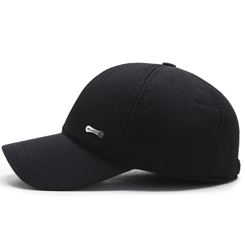 Men Winter Baseball Cap With Ear Flaps Warm Knitted Honeycomb Texture Adjustable Solid Color Classic Metal Tag
