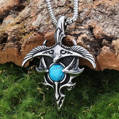 Eagle Wings Turquoise Pendant Necklace Stainless Steel Vintage Tribal Ethnic Style Gothic Jewelry For Men Women