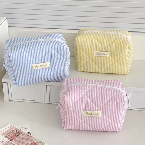 Borsa Da Trucco Trapuntata A Righe In Cotone Con Cerniera Grande Capacità Organizzatore Da Viaggio Borsa Per Cosmetici
