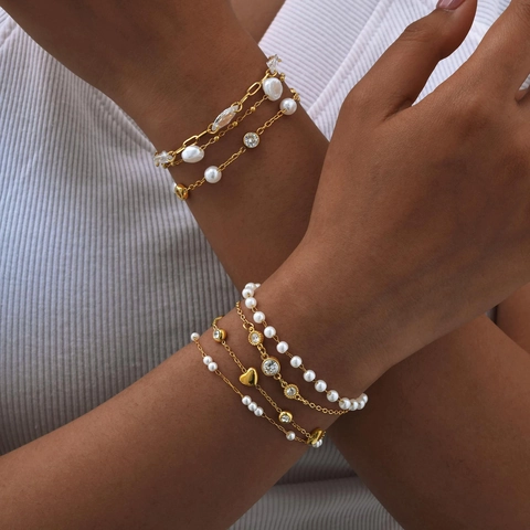 Elegantes Edelstahl Armband Mit AAA Zirkonia Und Imitationsperle IP Vergoldet Schmuck Für Damen