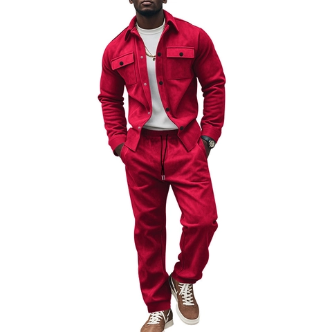 Heren Faux Suède Jas En Broek Casual Pak Lange Mouwen Revers Zakken Mode Streetwear Voor Herfst