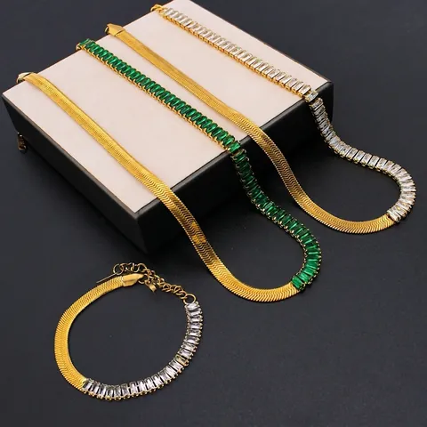 Collar De Acero Inoxidable Chapado En Oro De 18K Cadena De Serpiente Plana Empalme Zircón Baguette Joyas Mujer