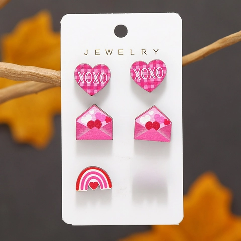 Valentine's Day Wood Stud Earrings Heart Rose Gnome Bear Printed Trendy Holiday Jewelry For Women