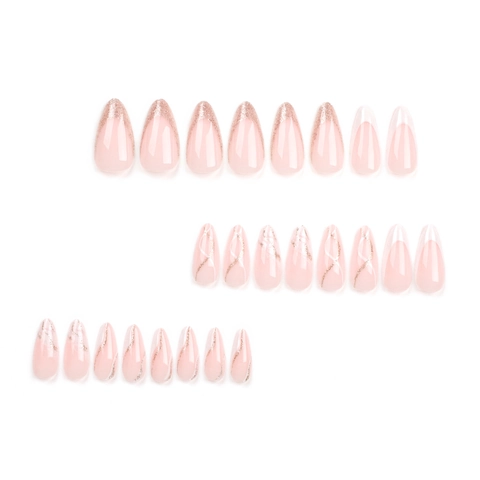 Unghie Finte Mandorla Stiletto Glitter Oro Punte Francesi Nude Rosa Marmo Onda Design Unghie Artificiali Per Donna