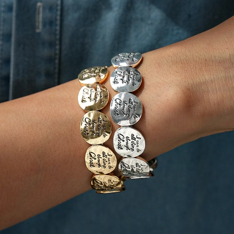 Retro Legierung Elastisches Armband Mit Graviertem Inspirierendem Bibelvers Kreisförmige Metallplatten Für Frauen