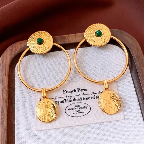 Orecchini A Goccia In Malachite Tondi Vintage Con Perno In Argento Placcato Oro Geometrici Retro Lusso Per Donna