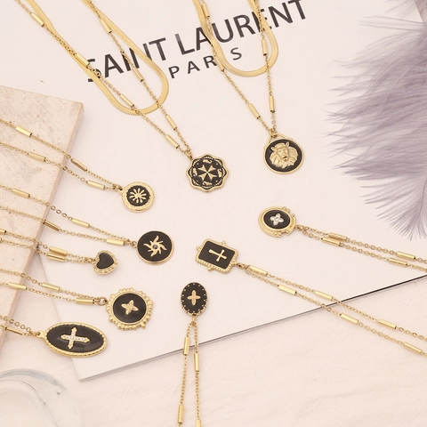 Collana In Acciaio Inossidabile Multistrato Placcato Oro Catena Serpente Piatta Smalto Croce Cuore Sole Ciondolo Per Donne