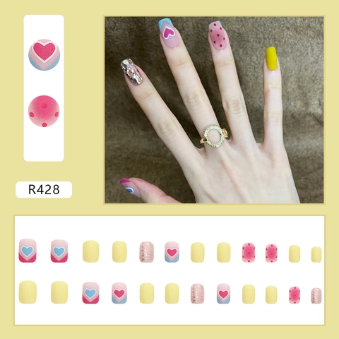 Matte Heart Pattern Press On Nails French Sweet Polka Dot Rose Gold Glitter Artificial False Nails For Women