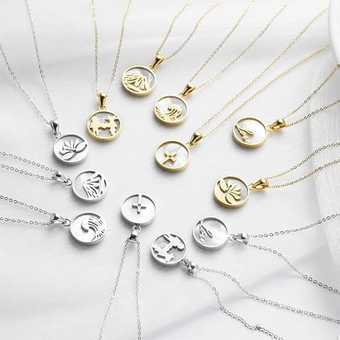Round Pendant Necklace Stainless Steel Hollow Mother Of Artificial Pearl Mountain Wave Love Design Elegant Jewelry For Women