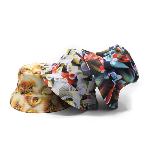 Chapeau Bob Réversible Coton Polyester Mélange Imprimé Abstrait Bord Large Protection Solaire Streetwear Femmes Hommes