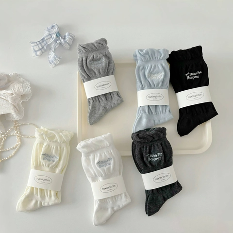 Women Cotton Slouch Socks Ruffle Trim Bow Letter Embroidery Sweet Style Mid-Calf Breathable