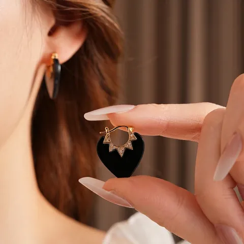 Vintage Heart Hoop Earrings Gold Plated Copper Black Enamel Zircon Star Sunburst Elegant Jewelry For Women