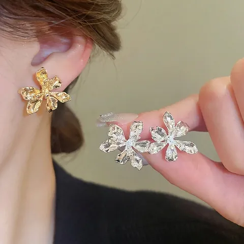 Floral Stud Earrings With 925 Sterling Silver Earring Post Irregular Wrinkled Texture Metal Vintage Elegant Jewelry Women