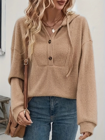 Women Hooded Sweatshirt Ribbed Knit Button Neck Long Sleeve Drawstring Pullover Casual Slim Fit Top
