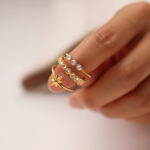 Stainless Steel Eight Pointed Star Ring For Women Adjustable Zircon Inlaid Vintage Style Non Fading Elegant Finger Ring