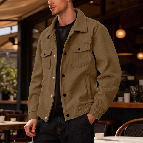 Chaqueta De Pana Para Hombre Poliéster Botonadura Sencilla Solapa Manga Larga Estilo Workwear Con Bolsillos
