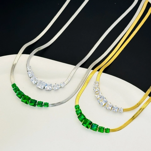 Collana A Catena Di Serpente Piatta In Acciaio Inossidabile Zirconia Cubica Quadrata Verde Smeraldo Lusso Vintage Donna Placcato Oro