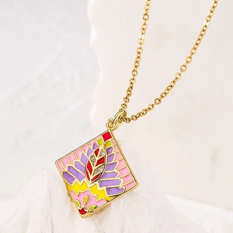 Geometric Square Pendant Necklace Copper Colorful Enamel Micro Pave Cubic Zirconia Jewelry For Women Bohemian Style