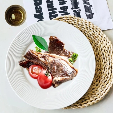 Modern Minimalist White Ceramic Threaded Plate Underglaze Color Round Dinner Plate For Steak Pasta Home Kitchenware