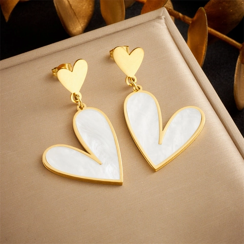 Heart Double Dangle Earrings Gold Plated Stainless Steel White Shell Inlay With Stainless Steel Earring Post Retro For Women