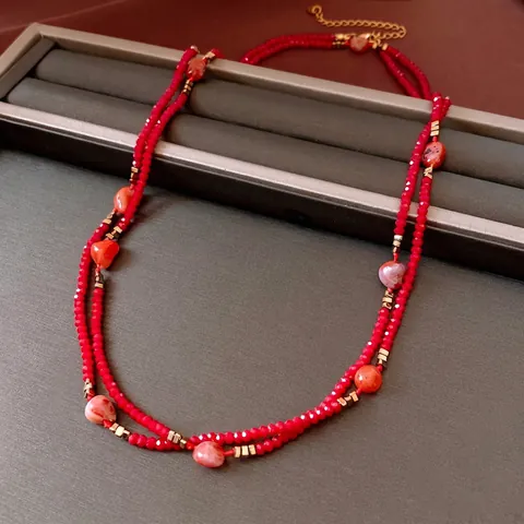 Collana A Più Strati Con Perline Di Vetro Rosso Pietra Naturale Agata Accenti Metallo Dorato Catena Lunga Maglione Retro