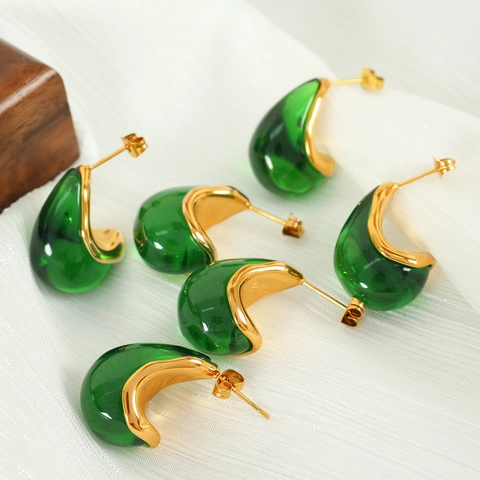 Vintage French Water Drop Stud Earrings For Women Stainless Steel 18K Gold Plated Resin Amber Emerald Elegant Minimalist