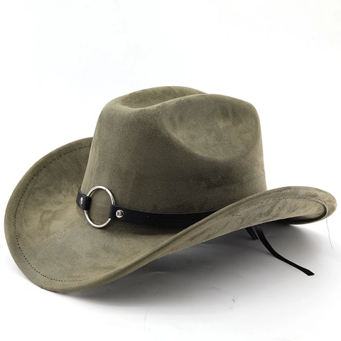 Chapeau De Cowboy Occidental Suédine Bord Large Incurvé Style Ethnique Vintage Chapeau De Chevalier Ceinture Décor Anneau Métal Unisexe