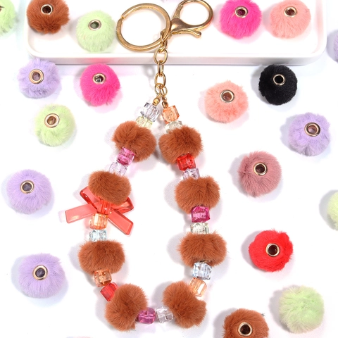 Faux Rabbit Fur Pompom Beads With Metal Eyelet Large Hole Spacer Beads For DIY Jewelry Making Handcraft Accessories