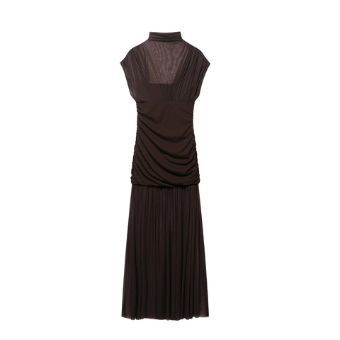 Ärmelloses Midikleid Mesh Patchwork Stehkragen Plissee Raffung Eng Elegant Sexy Einfarbig Damen Mode
