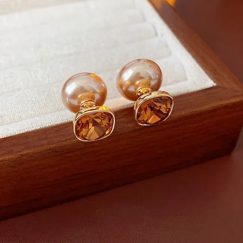 Retro Square Amber Crystal Champagne Faux Artificial Pearl Stud Earrings With Silver Earring Post Double Sided Design For Women