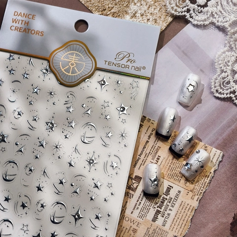 Silver Star Moon Nail Art Stickers 3D Embossed Metallic Decals DIY Manicure Decorations