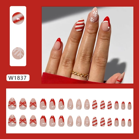 Weihnachtsnägel Zum Aufkleben Rot French Tip Schleife Schneeflocken Streifen Kurze Mandelform Künstliches ABS Kunststoff Für Damen