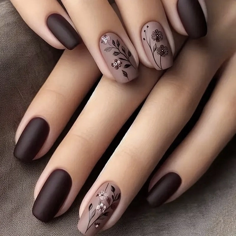 Square Matte ABS Press On Nails Herbst Winter Dunkles Blumenmuster Künstliche Falsche Nägel Für Damen