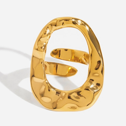 Hammered Stainless Steel Open Ring 18K Gold Plated Hollow Geometric Irregular Wave Modern Minimalist Jewelry For Women