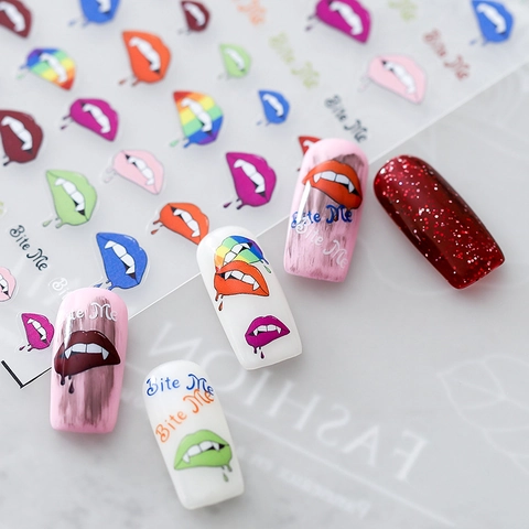 5D Embossed Nail Art Stickers Vampire Lips Fangs Bite Me Letters Punk Gothic Sexy Red Lip Decals DIY Manicure