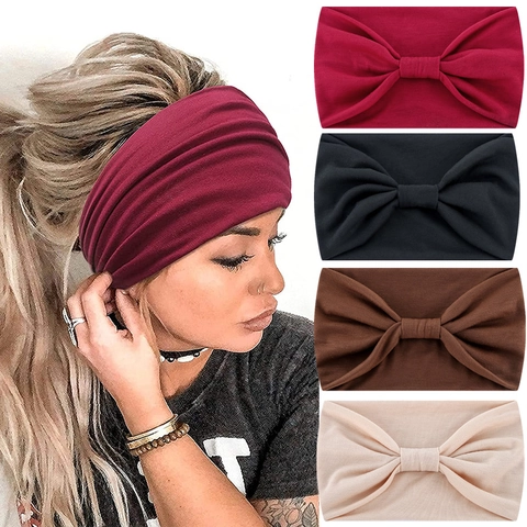 Women Wide Headband Soft Fabric Bow Knot Design Elastic Hair Band Solid Color Sporty Yoga Turban Headwrap