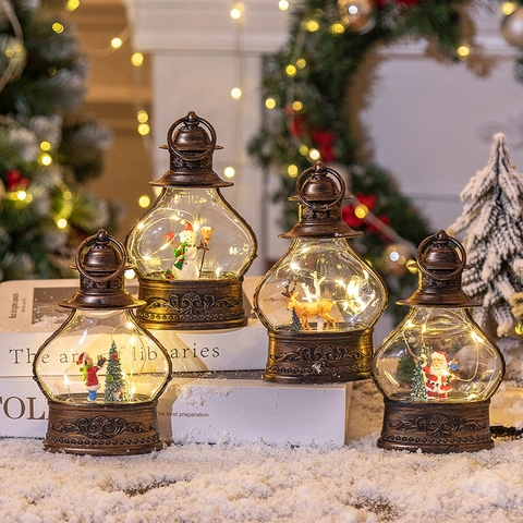 Vintage Christmas LED Lantern Retro Antique Bronze Night Light With Santa Snowman Reindeer For Holiday Home Tabletop Decor