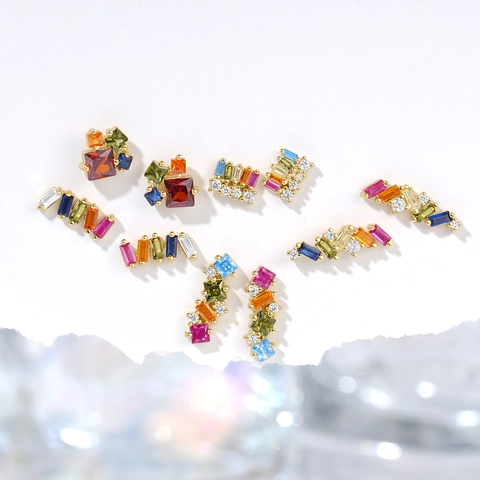 925 Sterling Silver Colorful Zirconia Geometric Long Stud Earrings Bohemian Rainbow Square Rectangular Ear Jewelry For Women