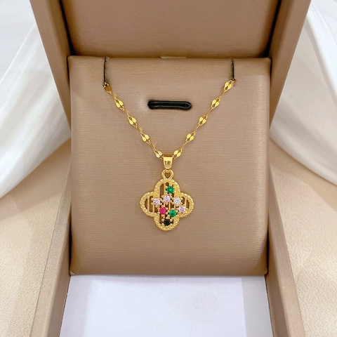 Clover Pendant Necklace Stainless Steel Copper Colorful Zircon Gold Plated Elegant Banquet Jewelry Women