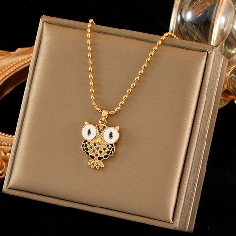 Edelstahl Eule Anhänger Halskette Für Damen Bunte Strass Emaille Tier Charm Perlenkette Boho Mode Schmuck Geschenk