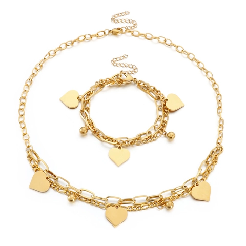 Bijoux De Collier Et Bracelet À Double Couche Avec Pendentif Coeur En Acier Inoxydable Accessoires De Mode Simple