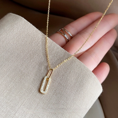 925 Sterling Silver Double Ring Pendant Necklace For Women 14K Gold Plated Geometric Rhinestone Clavicle Chain Minimalist Jewelry