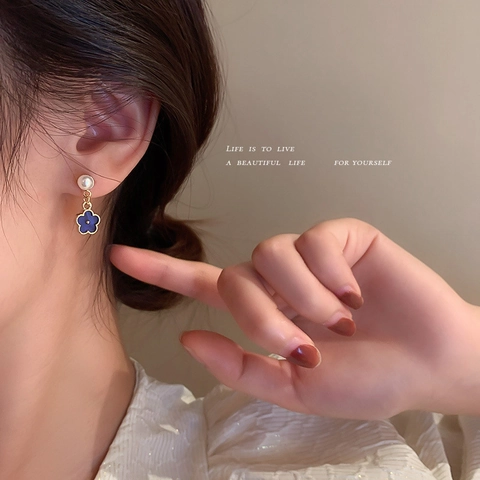 Blumen-Ohrhänger Künstliche Perle Blau Emaille Legierung Vintage-Stil 925 Sterling Silver Earring Post