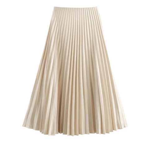 Women Pleated Midi Skirt High Waist A-Line Satin Finish Elegant Solid Color Streetwear Bottoms