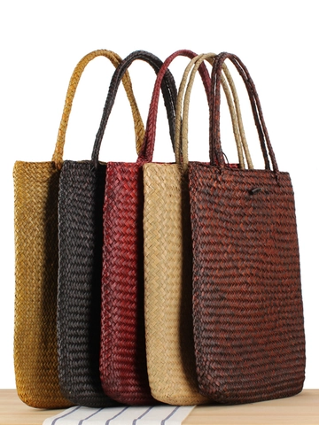 Bolso Tote De Paja Natural Tejido A Mano Gran Capacidad Estilo Pastoral Para Mujer Con Botón De Madera Para La Playa