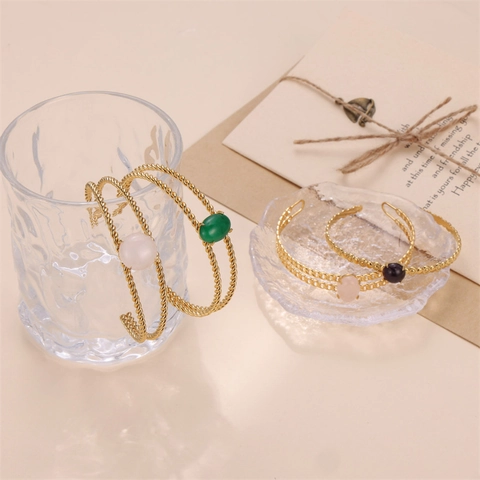 Vintage Stainless Steel Twisted Rope Open Bangle For Women Gold Plated Natural Stone Inlaid Adjustable Cuff Bracelet Fashion Jewelry