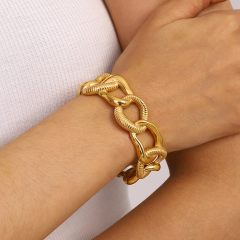 Brazalete Abierto De Acero Inoxidable Chapado En Oro Para Mujer Eslabones Gruesos Textura Espiral Joyería De Moda